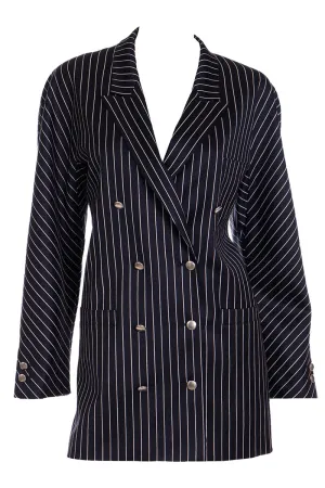 1980s Escada Margaretha Ley Navy Blue Pinstripe Double Breasted Blazer Jacket
